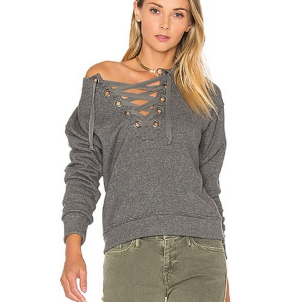 Mother The Tie Up Easy‎ Sweatshirt Corset Lace Up V-neck Terry Sweatshirt sz XS